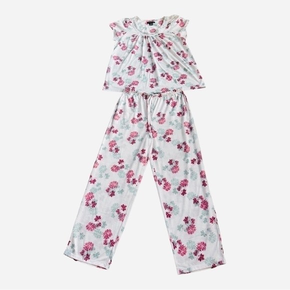 Women Sleepwear EARTH ANGELS PJ Set Pink Grey Floral Print Top Pants Pajama Set - Picture 1 of 3